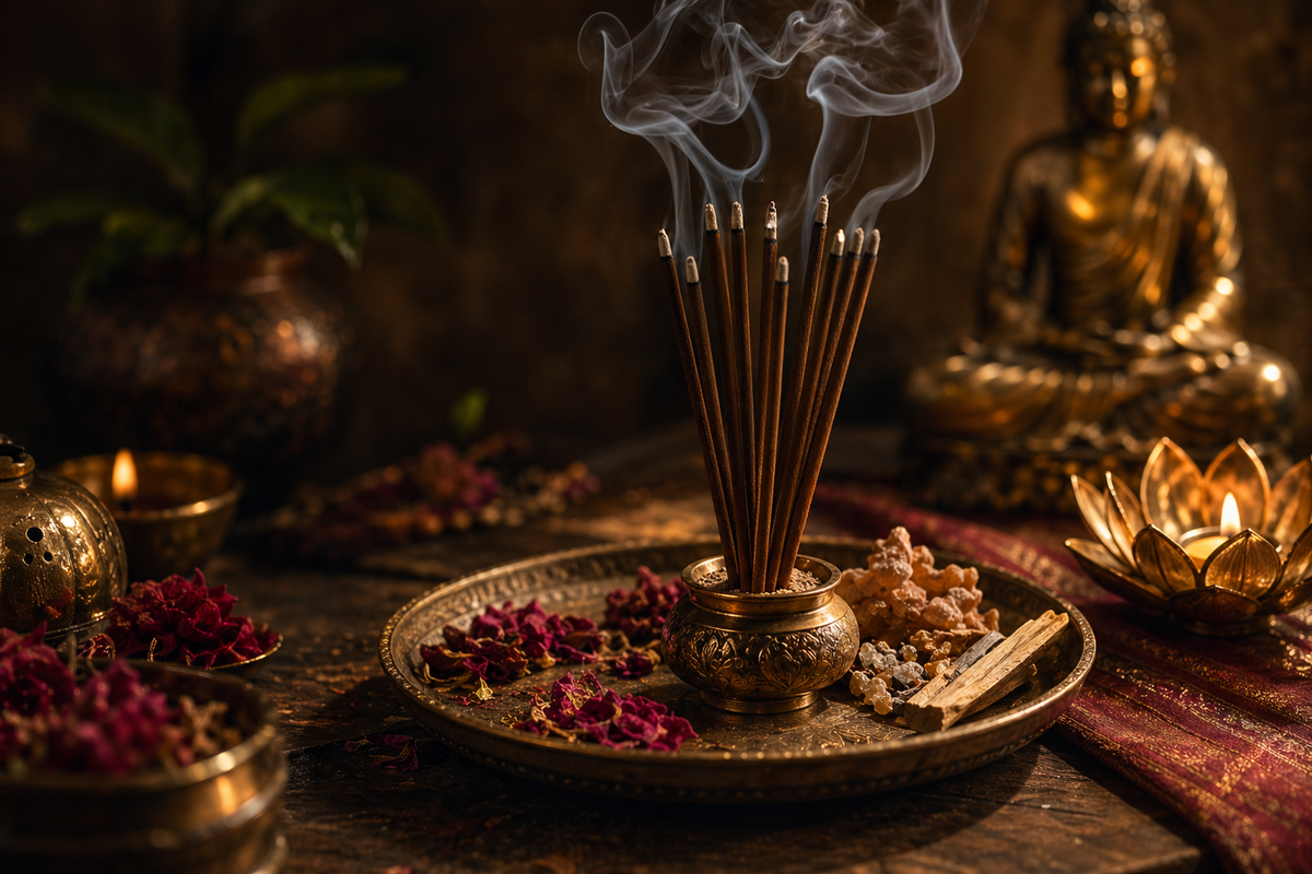 Incensi accesi con fumo e materiali naturali